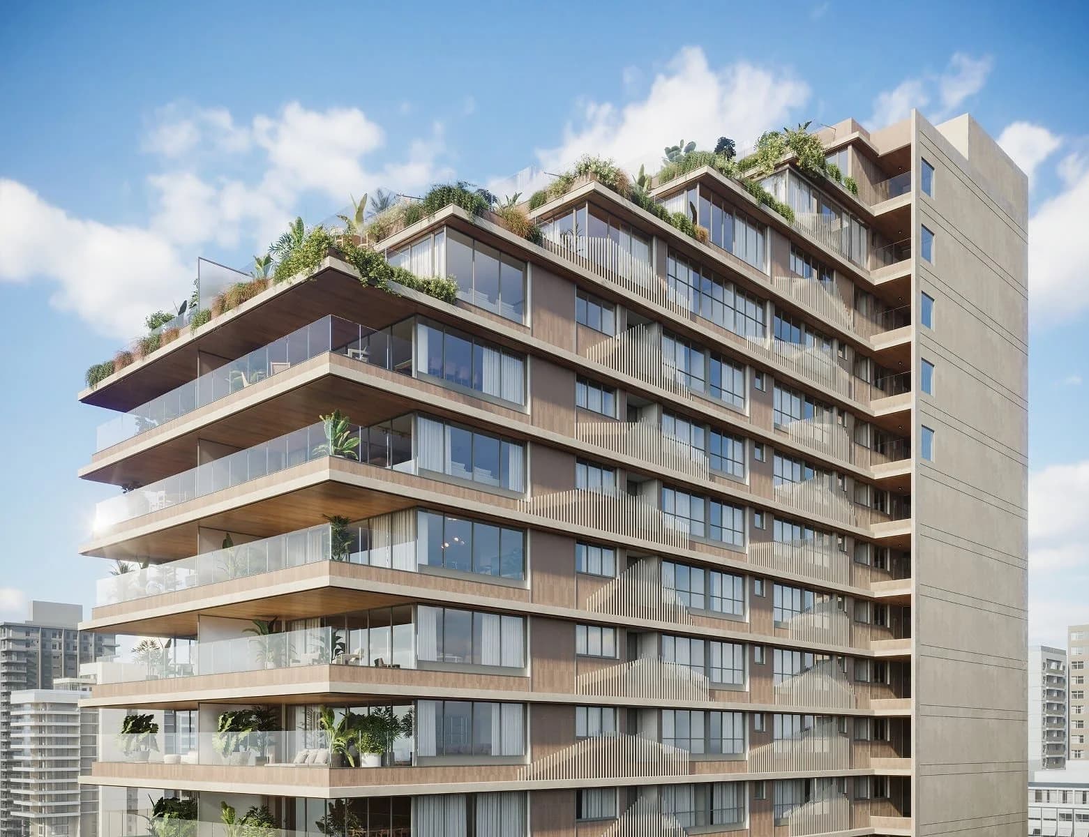 Fachada moderna com varandas envidraçadas, detalhes em madeira Freijó, exuberante vegetação vertical e vista panorâmica do céu azul.