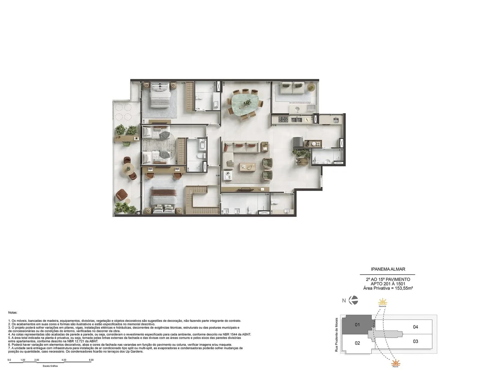 Planta baixa detalhada do apartamento no Ipanema Almar, mostrando 3 quartos, suítes, sala de estar integrada, cozinha e varanda. Arquitetura moderna e funcional.