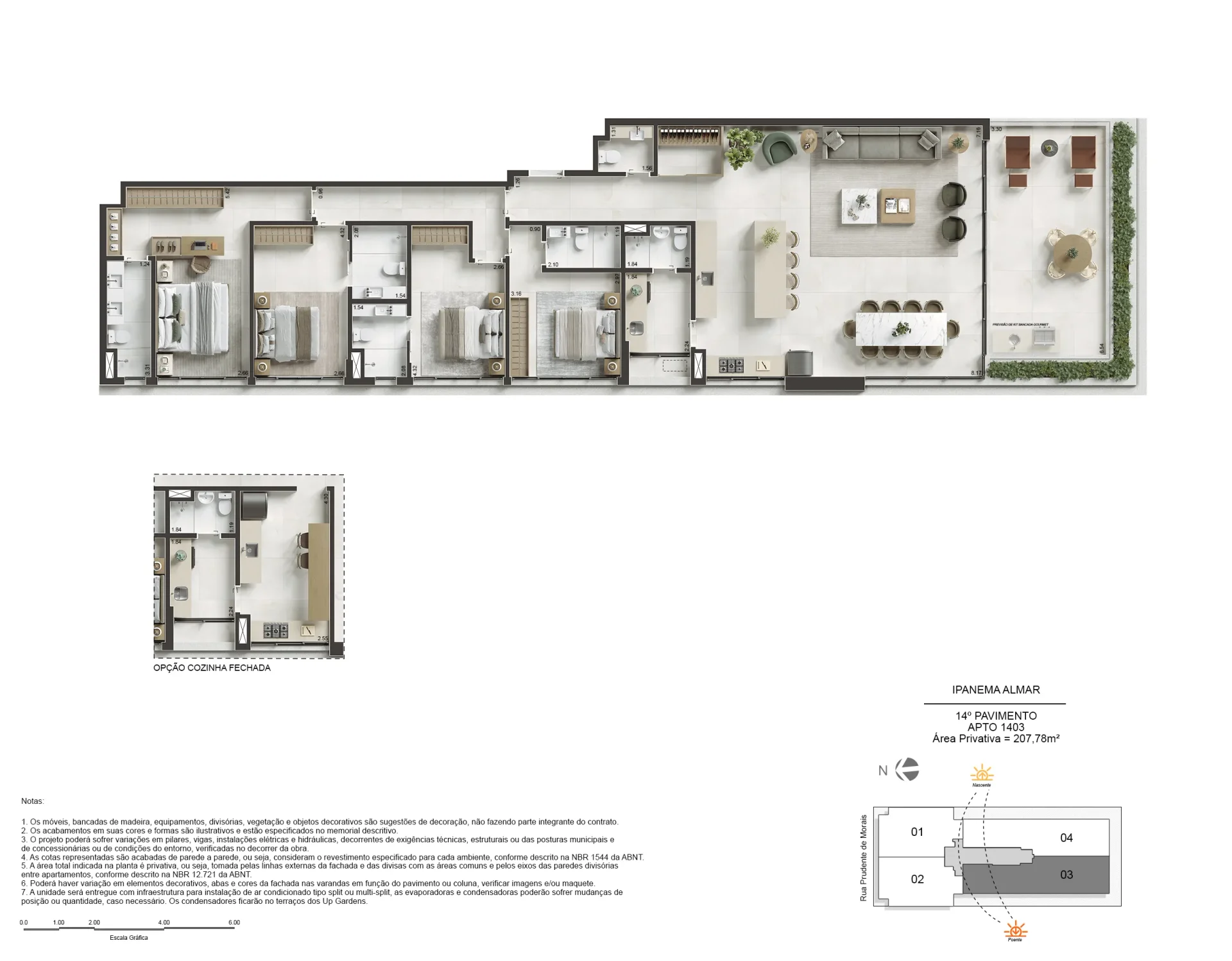 Planta baixa do apartamento 1403 no Ipanema Almar, 4 suítes, varanda gourmet, living integrado, cozinha fechada opcional e área privativa de 207,78m².