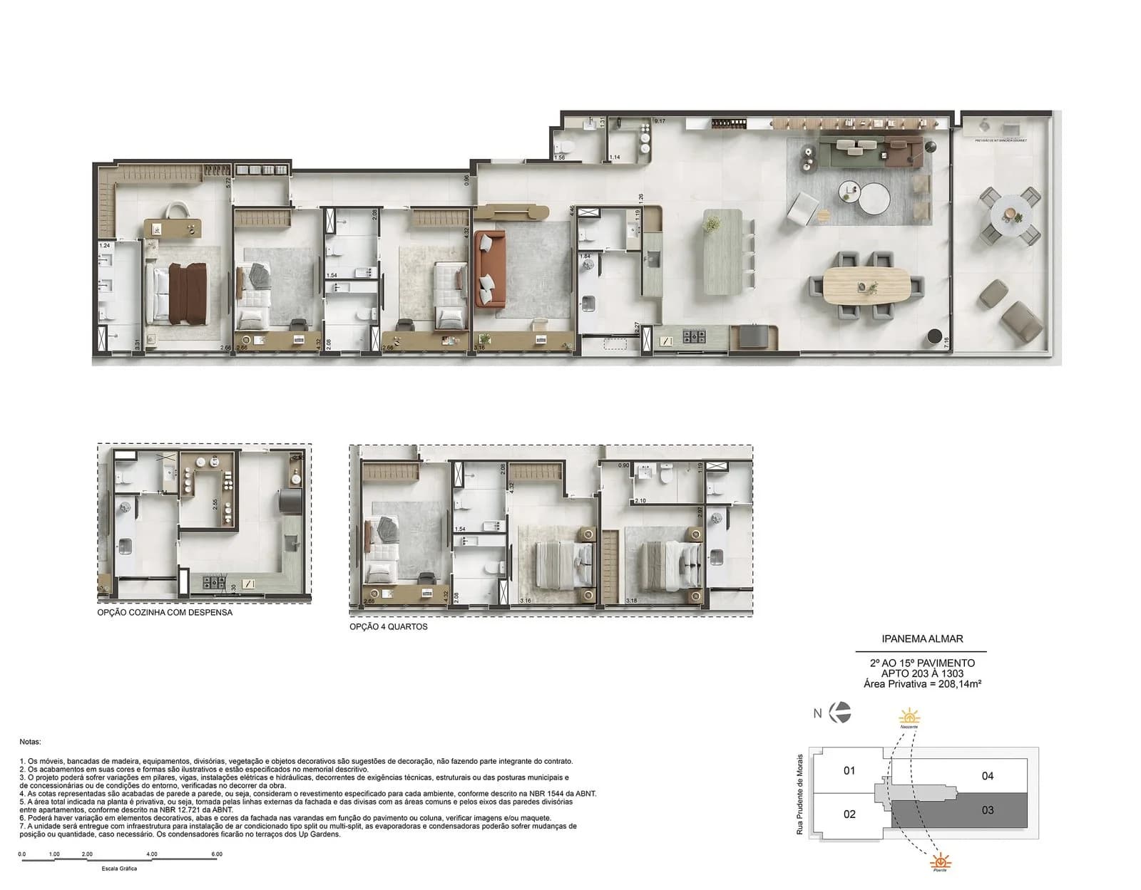 Planta baixa detalhada do Ipanema Almar, apresentando a distribuição de 4 quartos, sala de estar integrada, cozinha, varanda e área de serviço. Layout otimizado para conforto e funcionalidade.