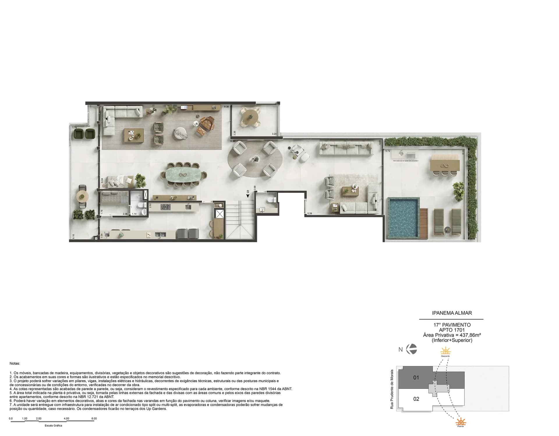 Planta baixa detalhada do apartamento Ipanema Almar, com living integrado, varanda gourmet, piscina privativa, quartos e áreas de serviço, destacando a distribuição inteligente do espaço.