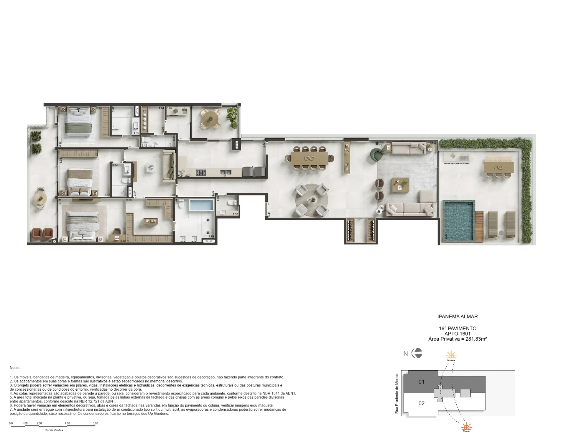 Planta baixa detalhada do apartamento 1601 no Ipanema Almar, com 4 suítes, living integrado, varanda gourmet com piscina, cozinha, área de serviço, e dimensões indicadas em metros.