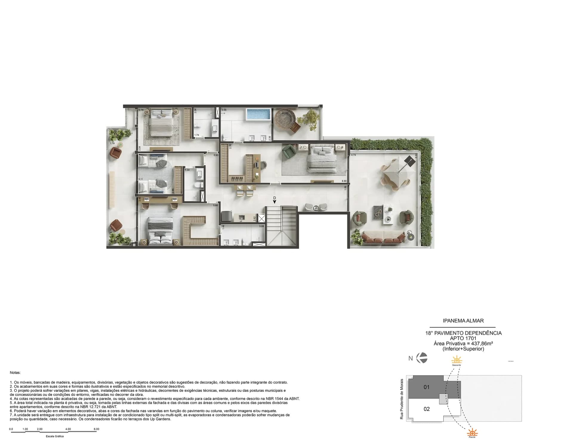 Planta baixa do apartamento 1701 no Ipanema Almar, com 4 suítes, terraço Up Gardens e detalhamento de ambientes.