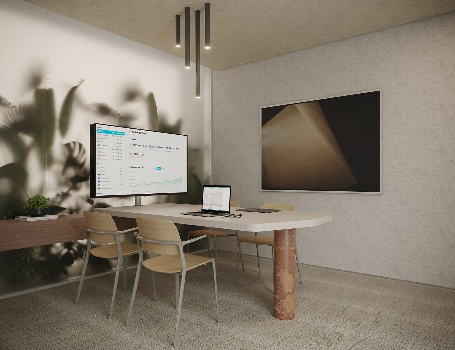 Sala de reunião com mesa em tampo claro e base em mármore travertino, cadeiras de madeira clara com estrutura metálica, painel de vidro com vegetação e tela com gráficos financeiros.