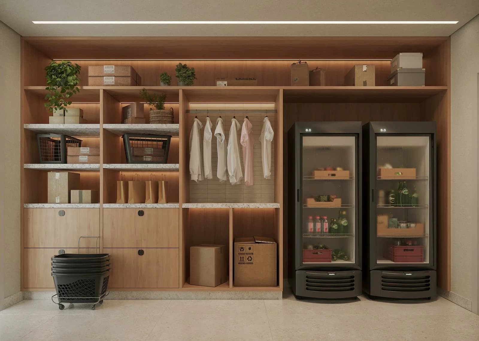 Foto de copa com prateleiras de madeira clara, bancada de mármore, duas geladeiras verticais escuras com visor de vidro e carrinho de compras preto, em Ipanema Almar