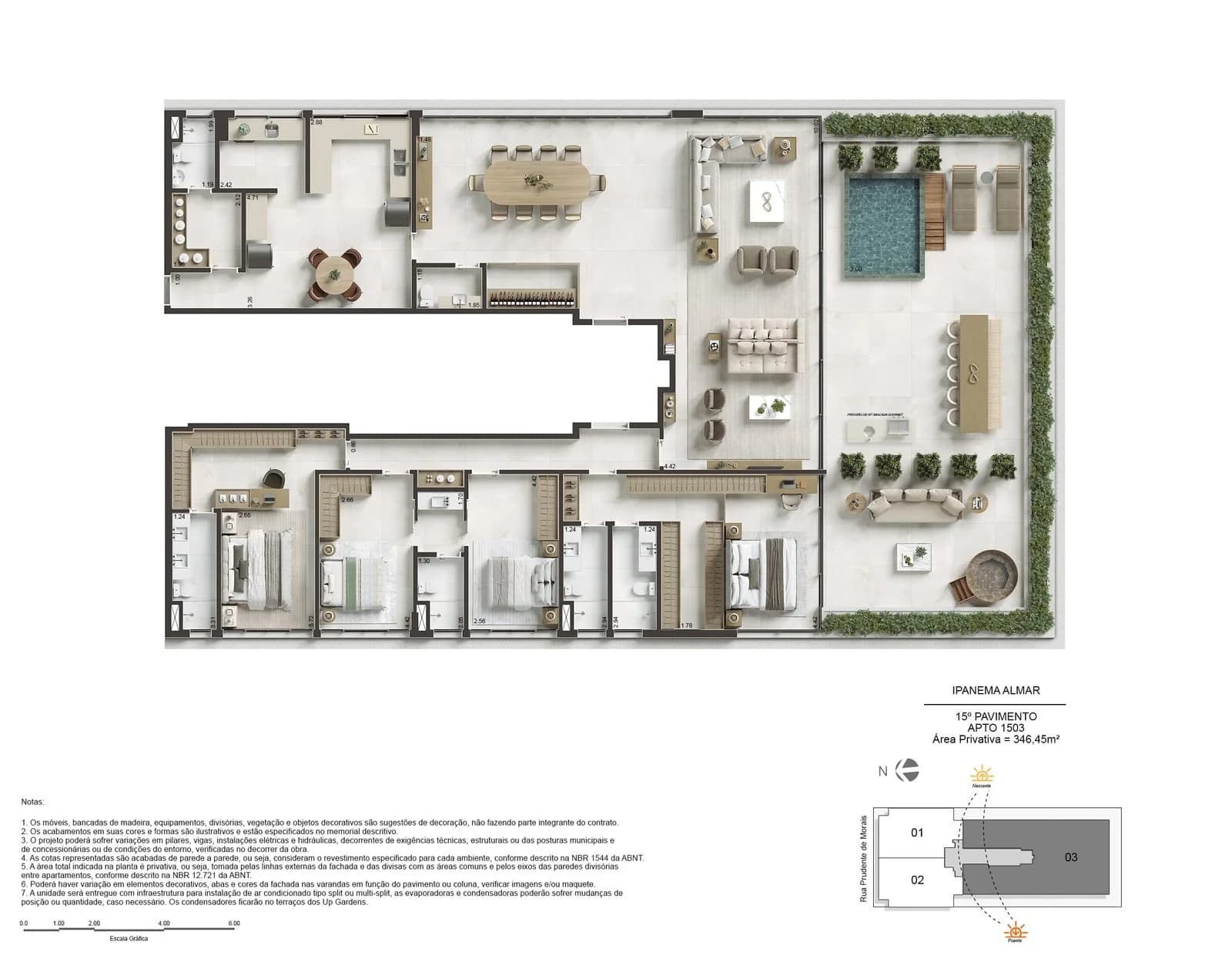 Planta baixa detalhada do apartamento 1503 no Ipanema Almar, com quatro quartos, varanda gourmet com piscina, living integrado e cozinha espaçosa.