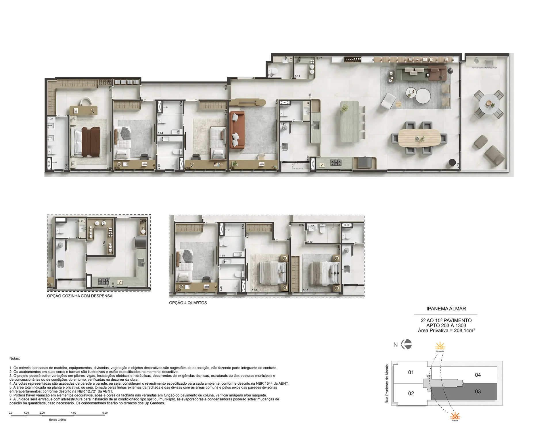 Planta baixa do apartamento Ipanema Almar, com opções de 4 quartos ou cozinha com despensa. Área privativa de 208,14m²